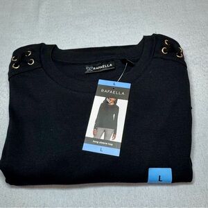 Rafaella Black Crewneck Long Sleeve Top with Grommet Shoulder Detail